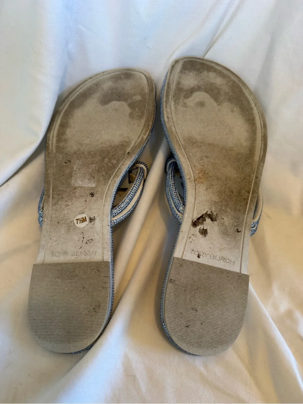 Tory Burch Light Blue rhinestone sparkling Logo Thong Sandals